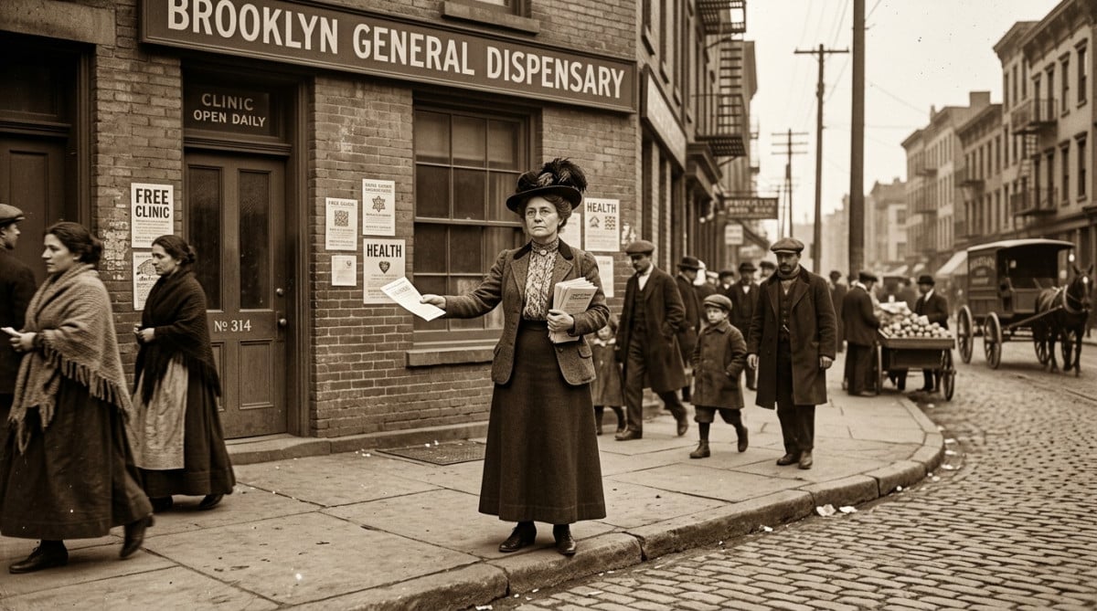 Margaret Sanger devant sa clinique de contraception à Brooklyn en 1918