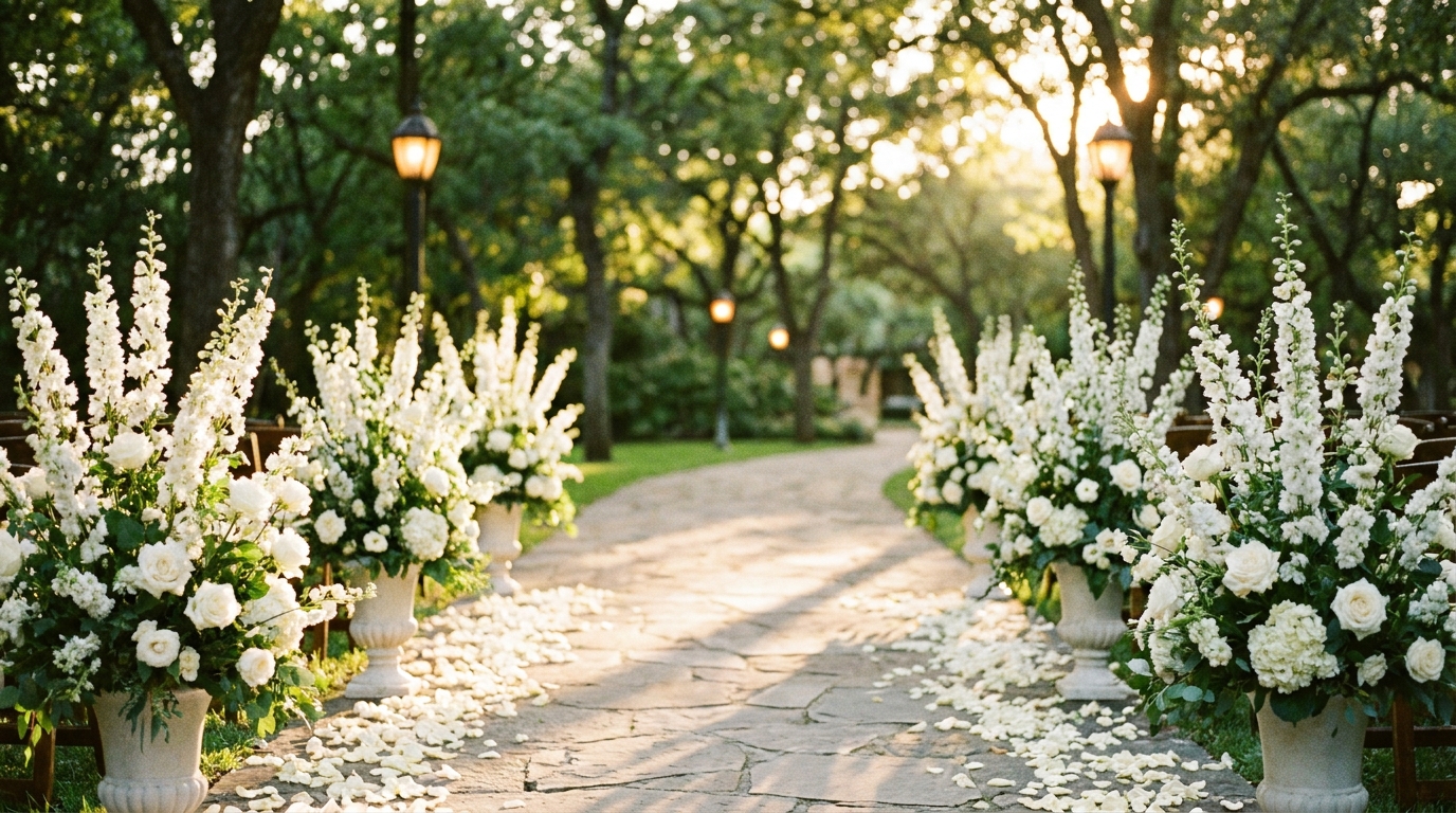 Allée de jardin ensoleillée décorée pour un mariage en plein air avec des pétales blancs