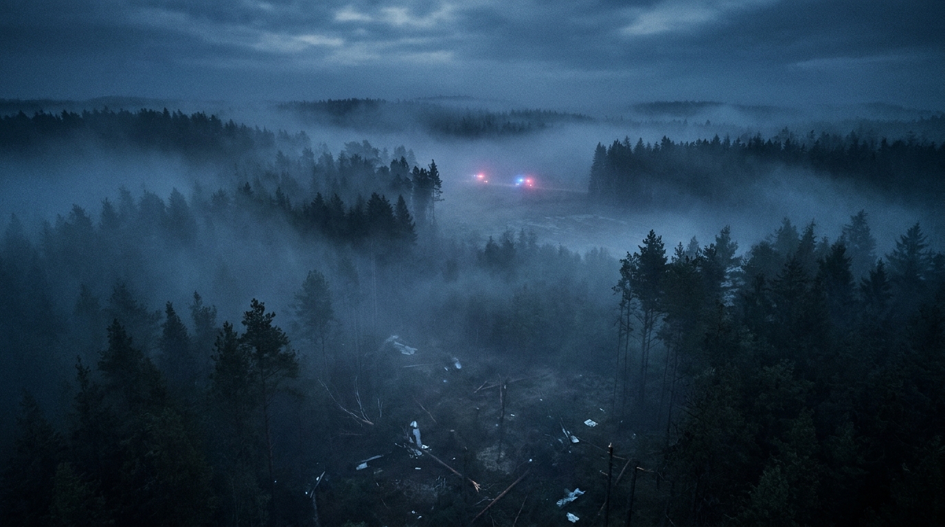 Forêt dense plongée dans le brouillard nocturne avec lueurs de secours