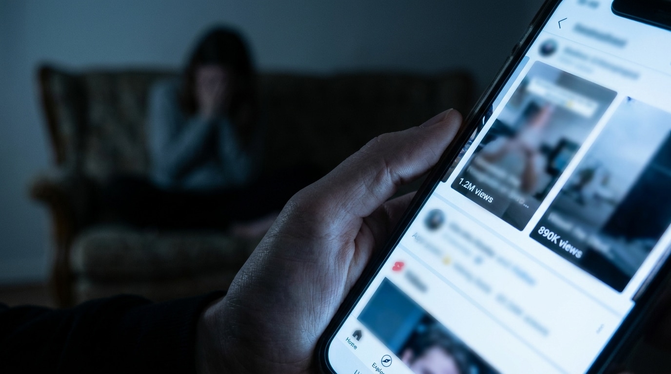 Main tenant un smartphone affichant une vidéo virale