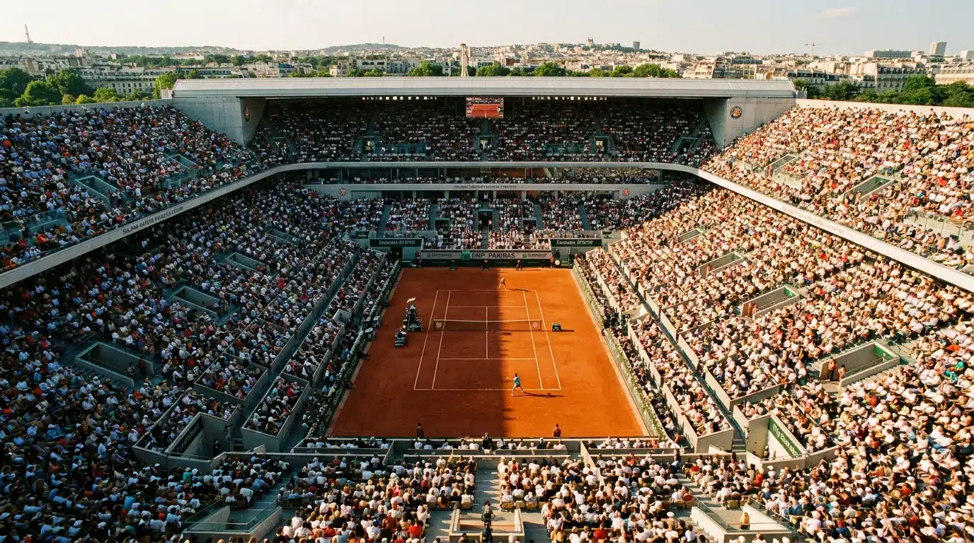 Vue panoramique du court central Philippe-Chatrier de Roland-Garros pendant la finale, tribune comble sous la lumière dorée de l'après-midi