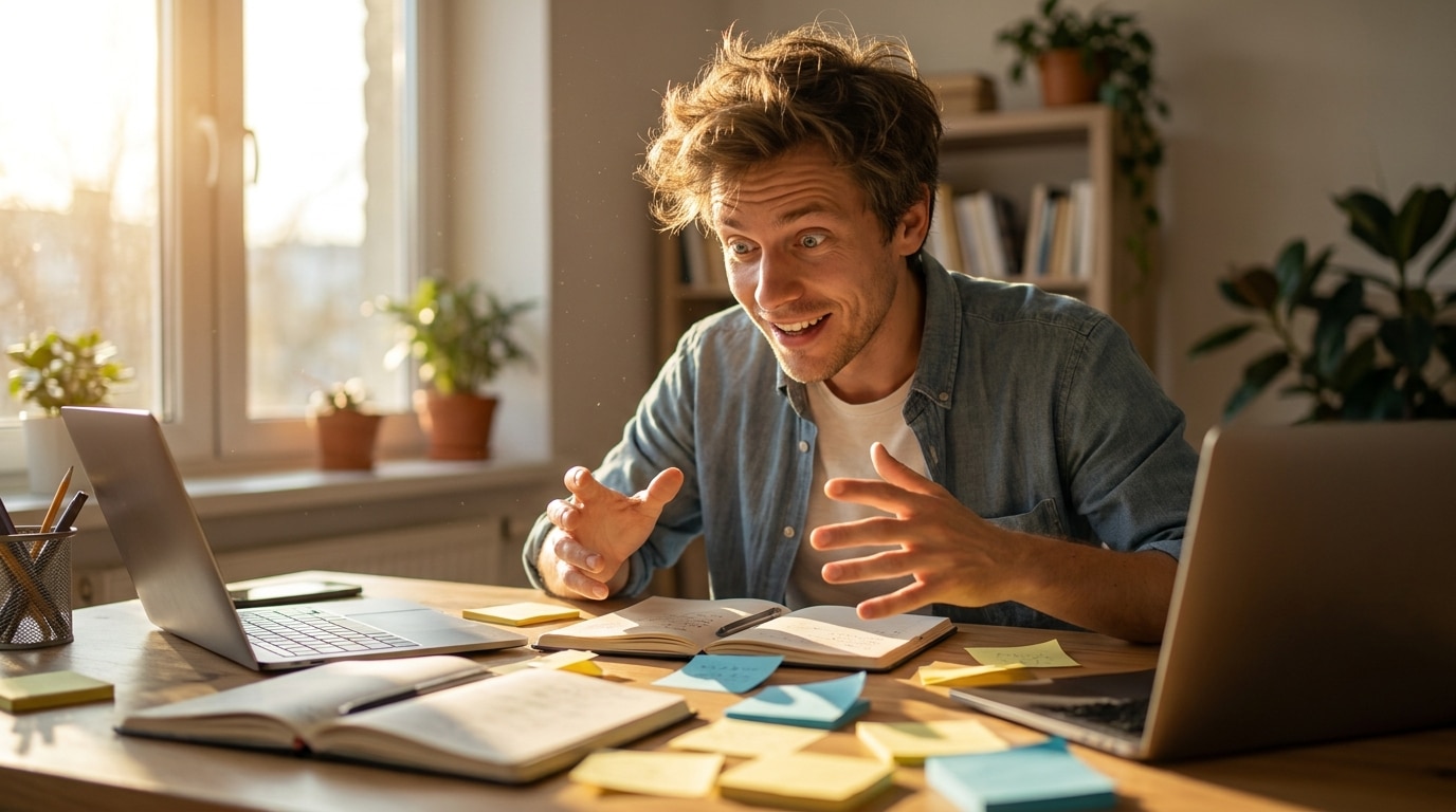 Personne concentrée devant un bureau couvert de notes en pleine lumière