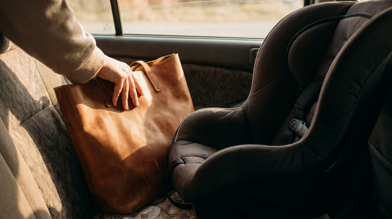Main posant un sac à côté d'un siège bébé dans une voiture