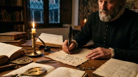 Mathématicien flamand du XVIe siècle écrivant des décimales à la plume