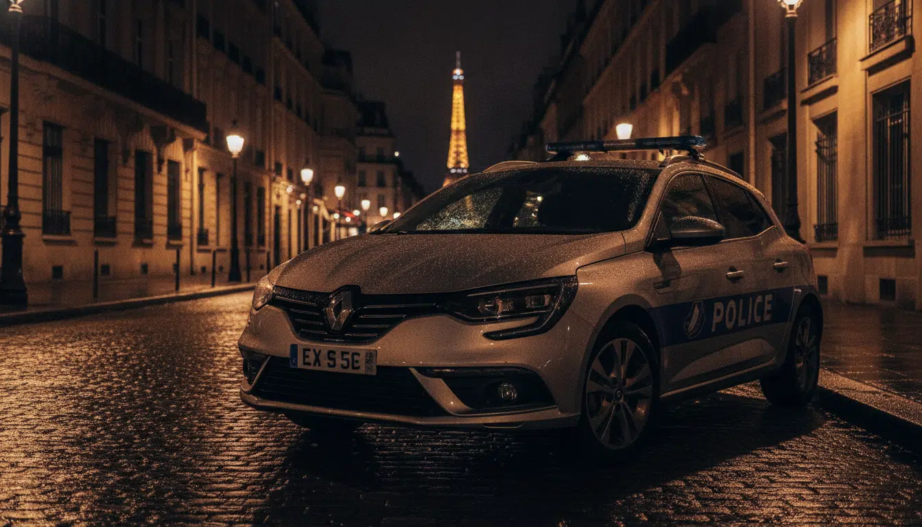 Voiture de police garée de nuit dans une rue parisienne
