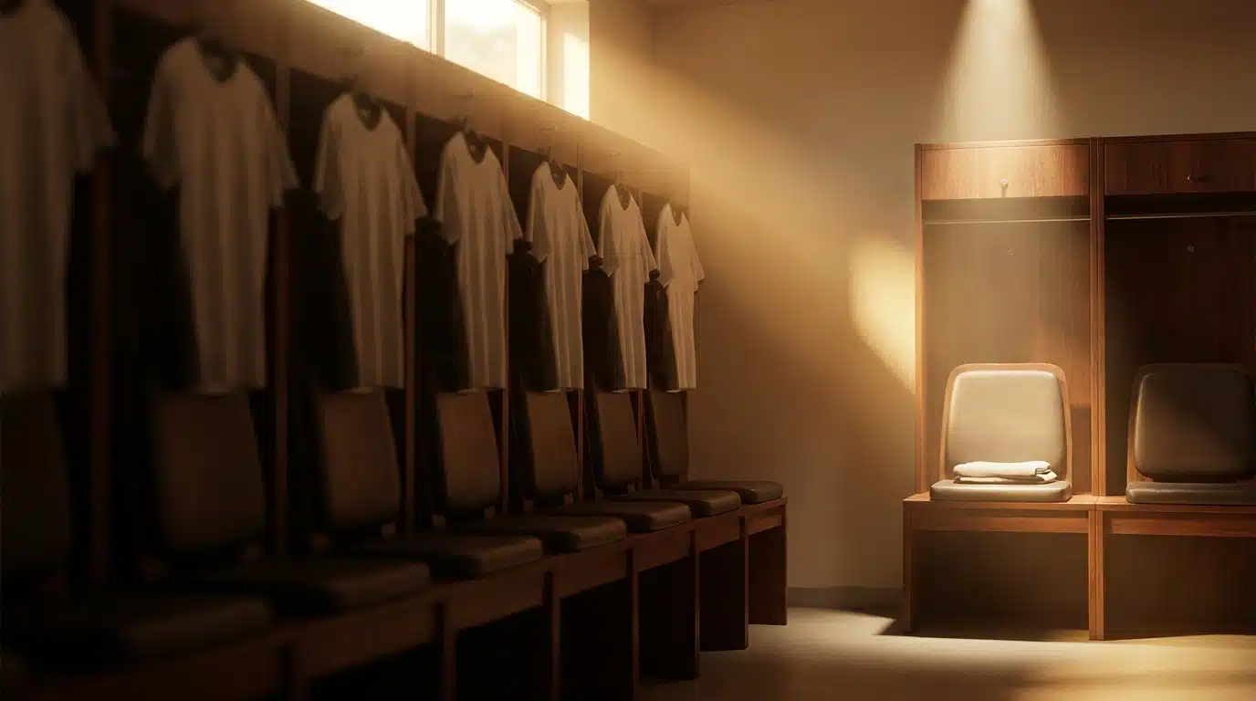 Vestiaire de football vide avec un siège isolé du groupe