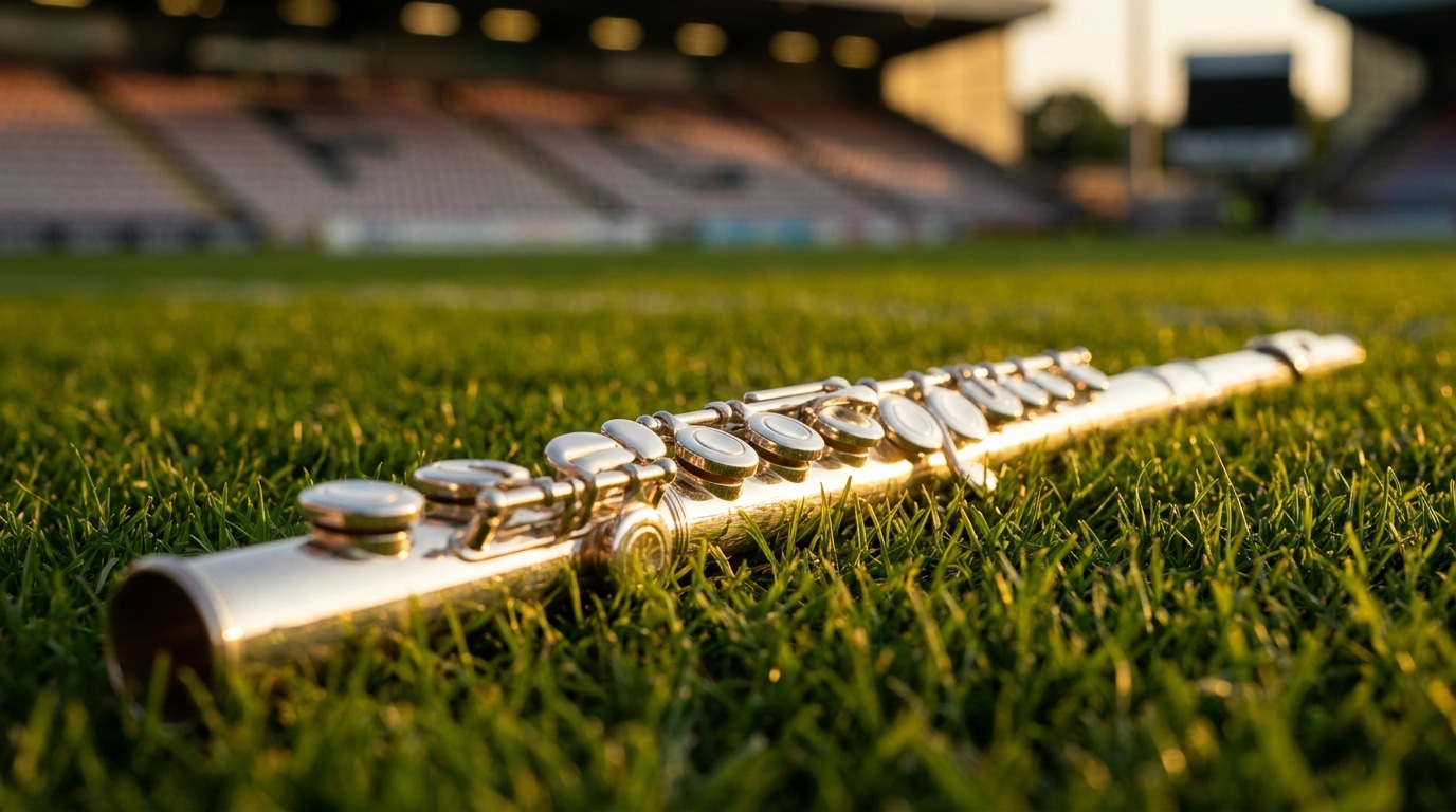 Flûte traversière posée sur une pelouse de stade