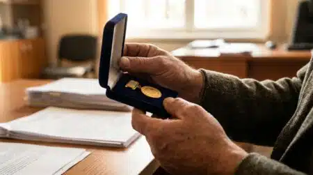 Mains tenant une médaille d'honneur du travail dorée