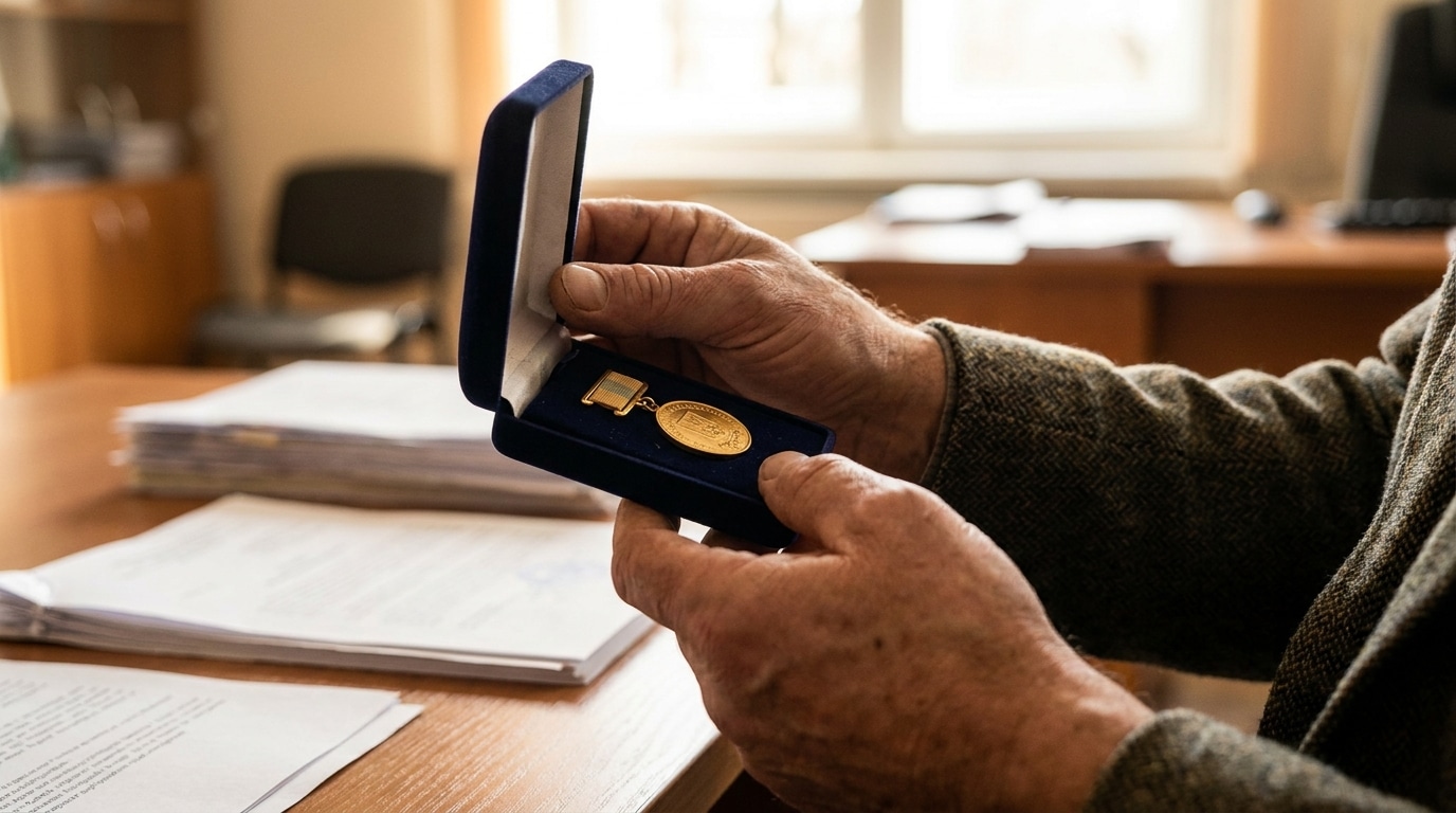 Mains tenant une médaille d'honneur du travail dorée