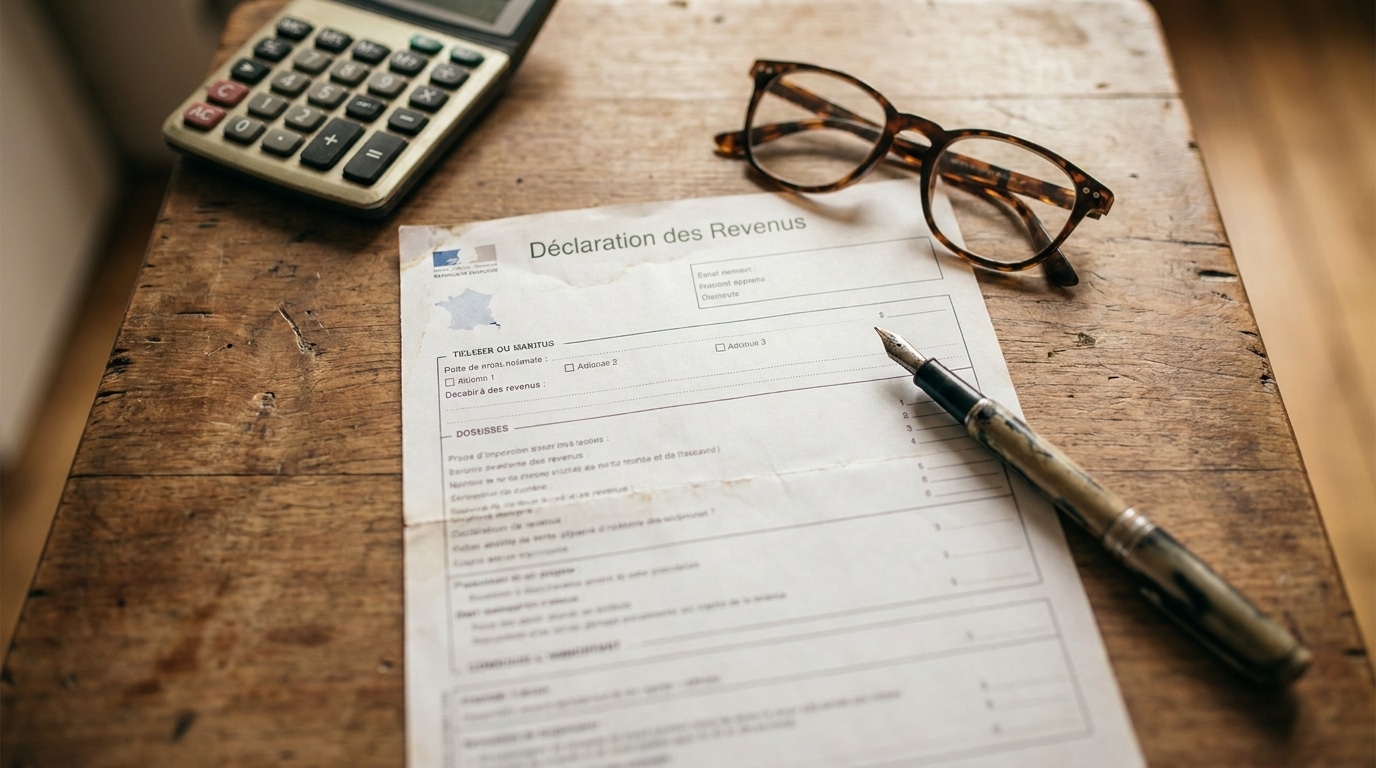 Déclaration d'impôts française posée sur un bureau en bois