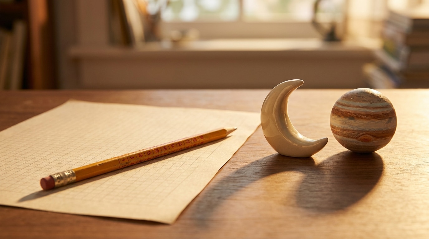 Crayon de jeu posé sur une grille à côté d'une lune en céramique