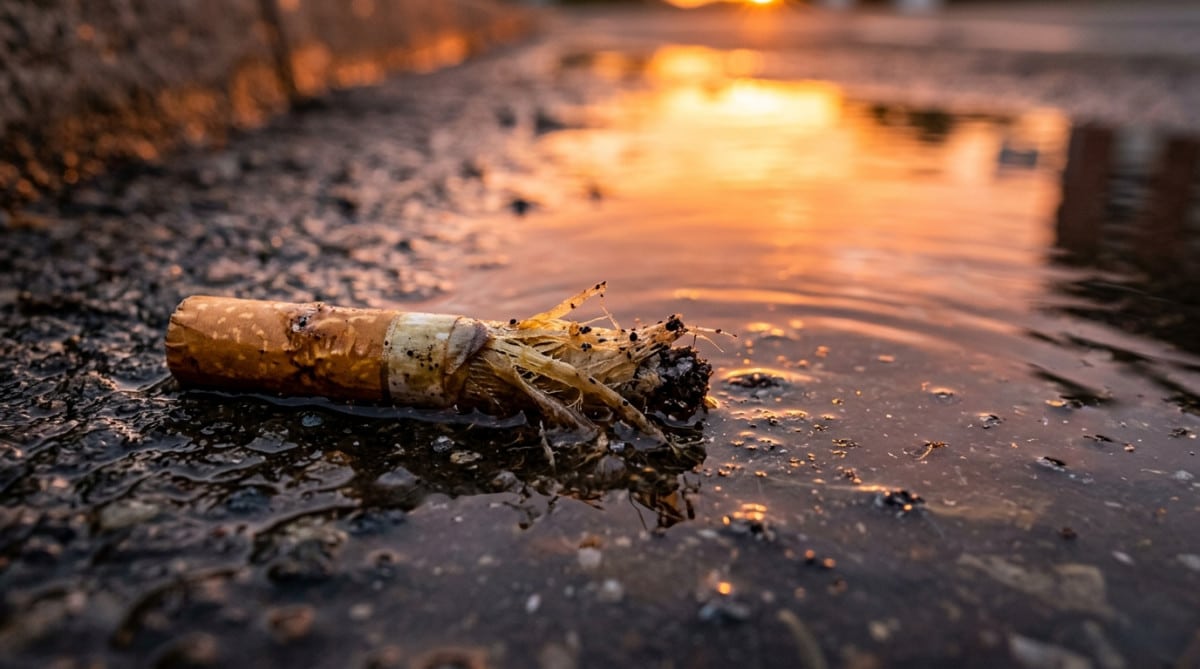 Mégot de cigarette usagé se décomposant dans une flaque d'eau