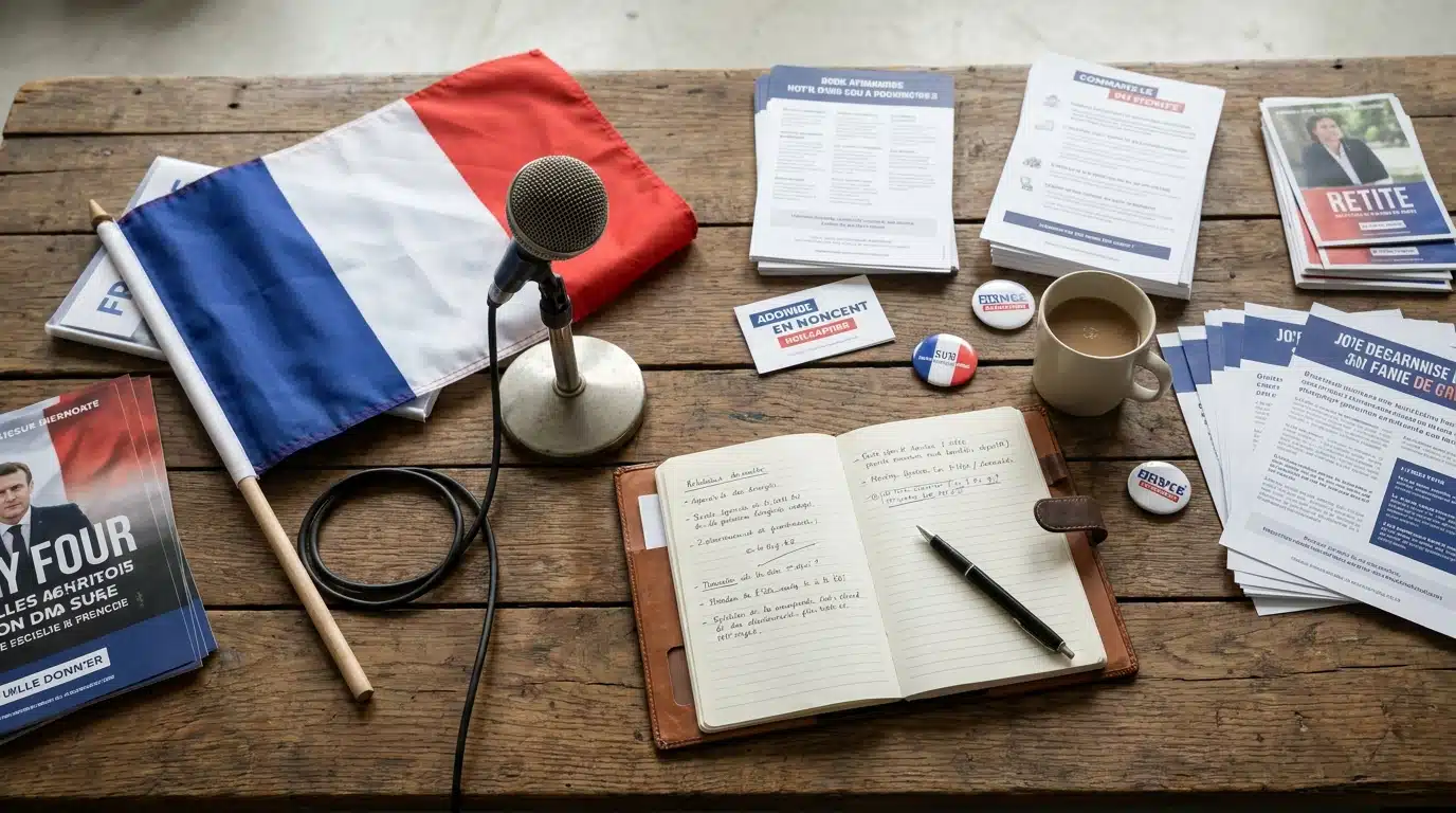 Table de campagne politique avec drapeau tricolore et micro