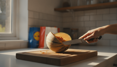 Melon charentais coupé en deux sur une planche