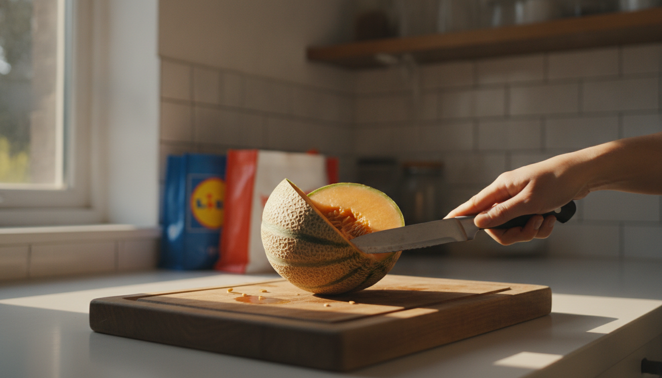 Melon charentais coupé en deux sur une planche