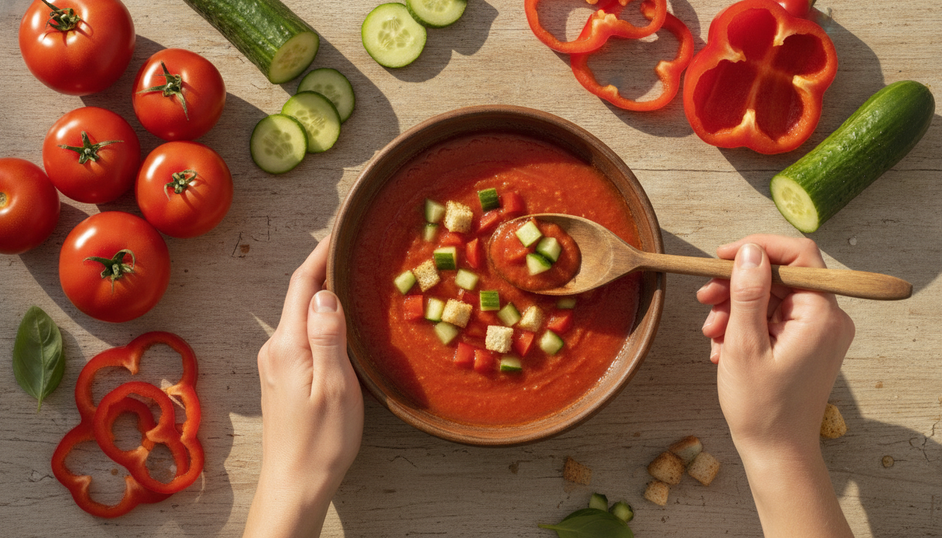Bol de gaspacho frais sur une table d'été ensoleillée