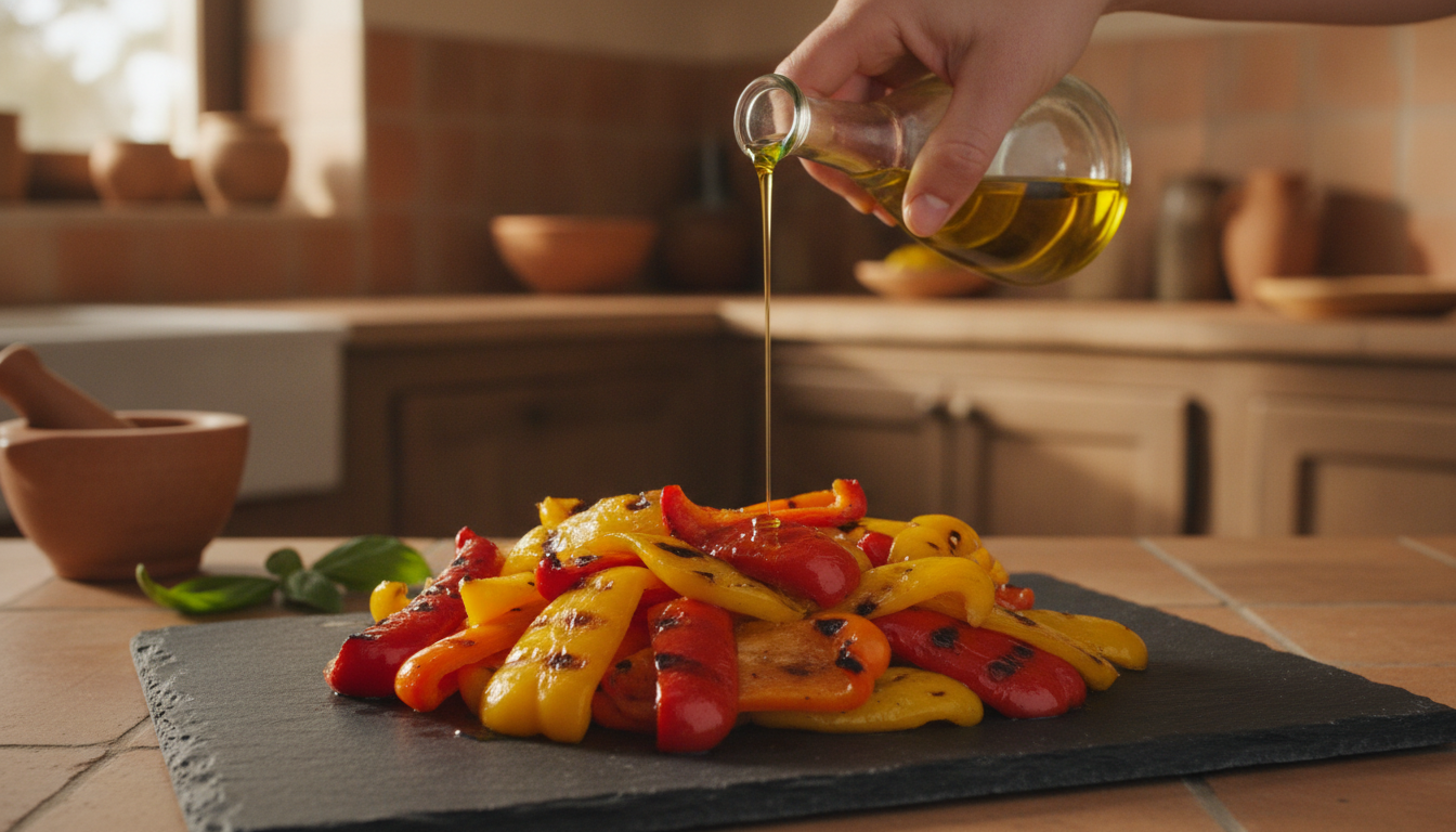 Poivrons grillés colorés sur une assiette en ardoise