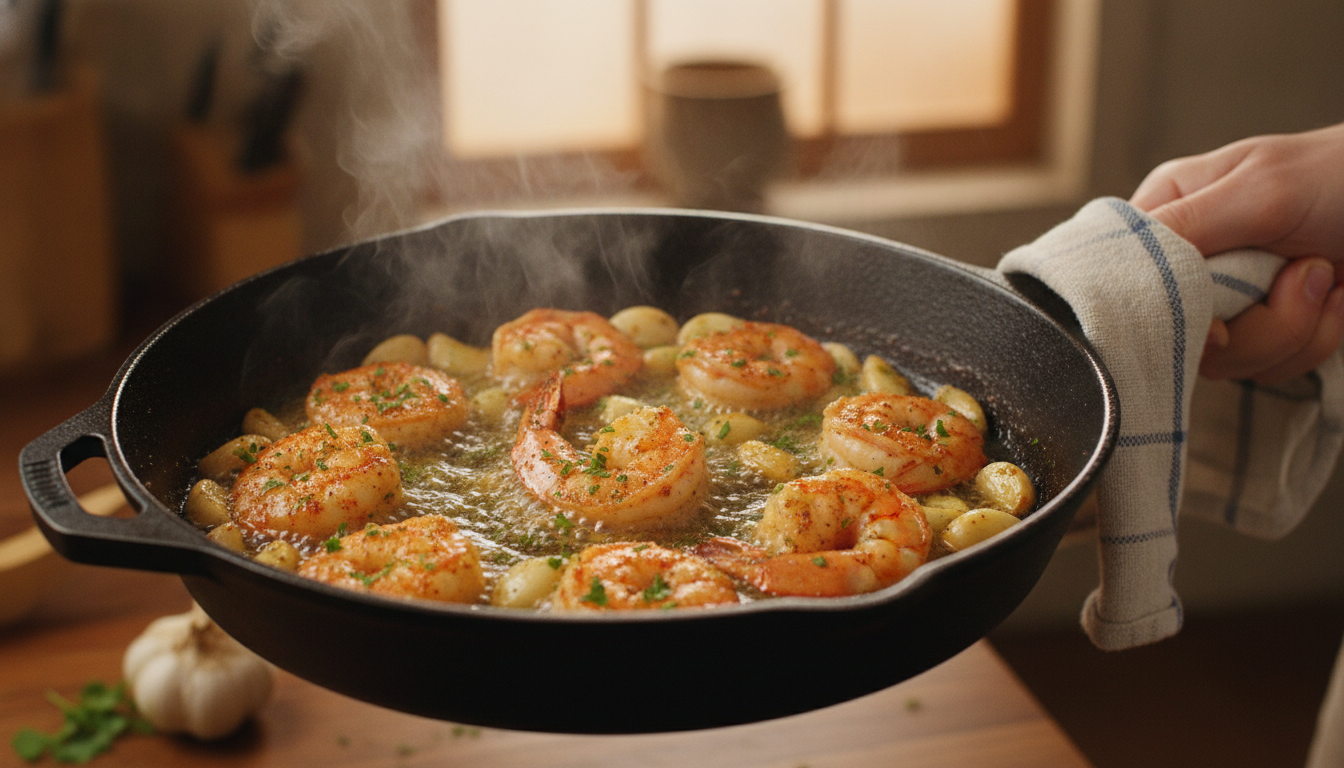 Crevettes sautées à l'ail et au persil dans une poêle