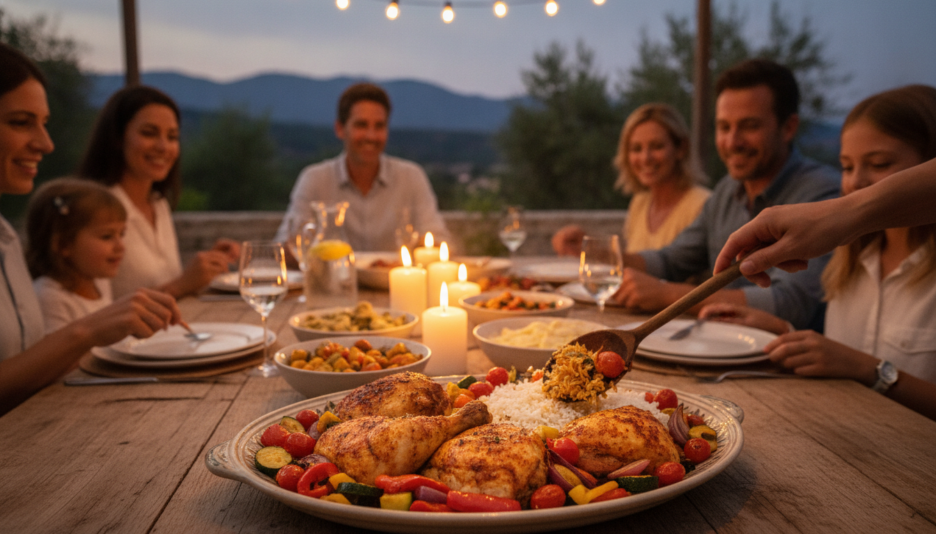 Poulet au paprika servi avec du riz et des légumes colorés