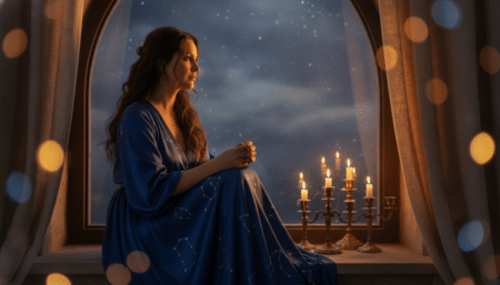 Femme pensive devant une fenêtre au crépuscule avec bougies
