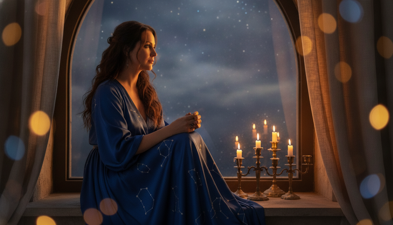 Femme pensive devant une fenêtre au crépuscule avec bougies