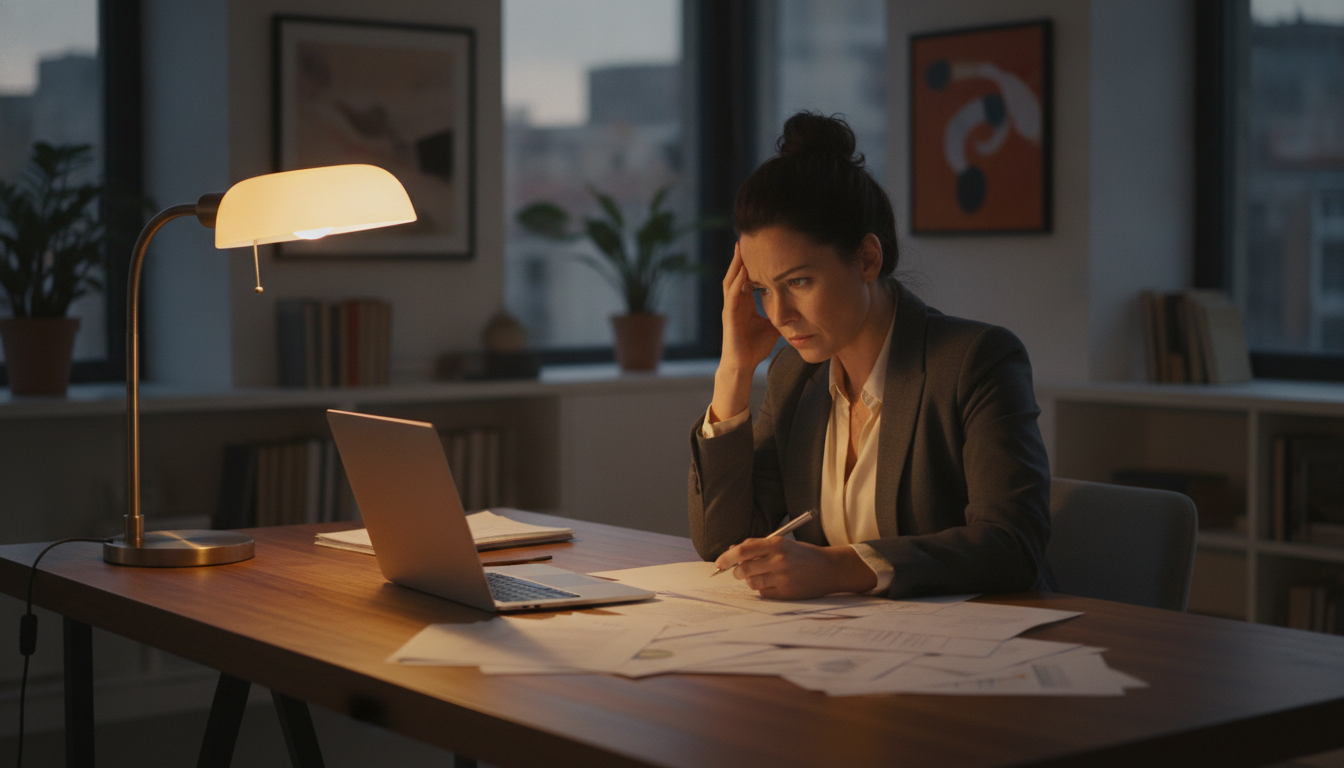 Femme stressée au bureau révisant des documents importants