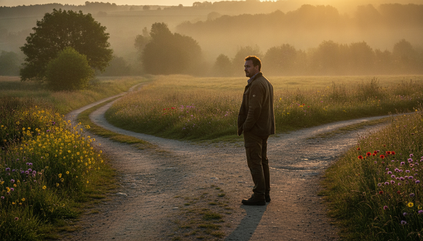 Homme seul à un croisement de chemins au coucher du soleil
