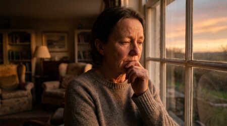 Personne pensive assise près d'une fenêtre au crépuscule