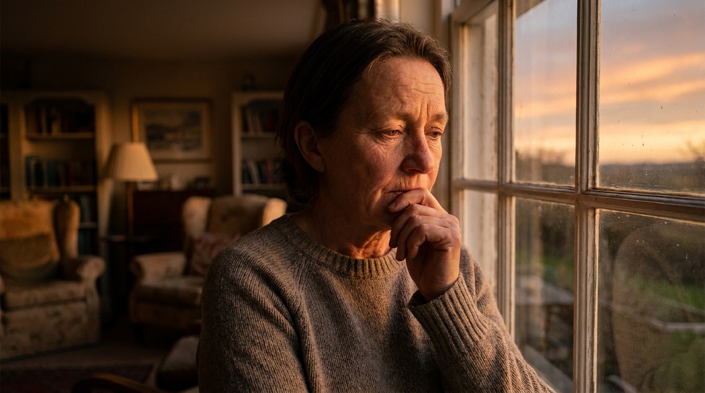 Personne pensive assise près d'une fenêtre au crépuscule