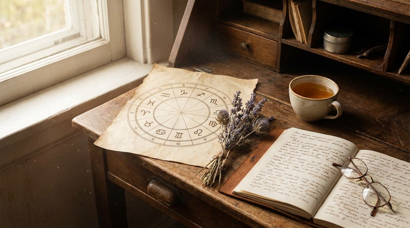 Carte astrologique ancienne posée sur un bureau avec journal