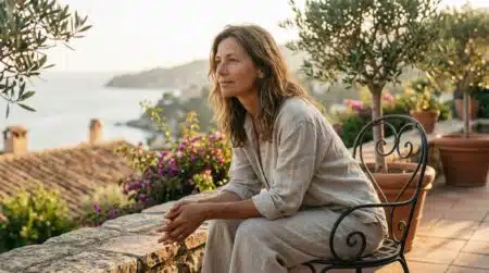 Femme pensive sur une terrasse ensoleillée en été