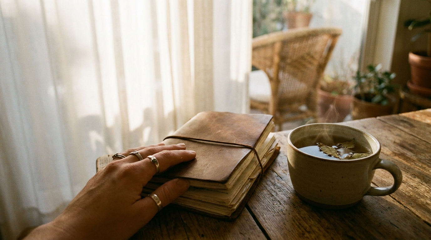 Carnet et tasse de thé sur une table en bois