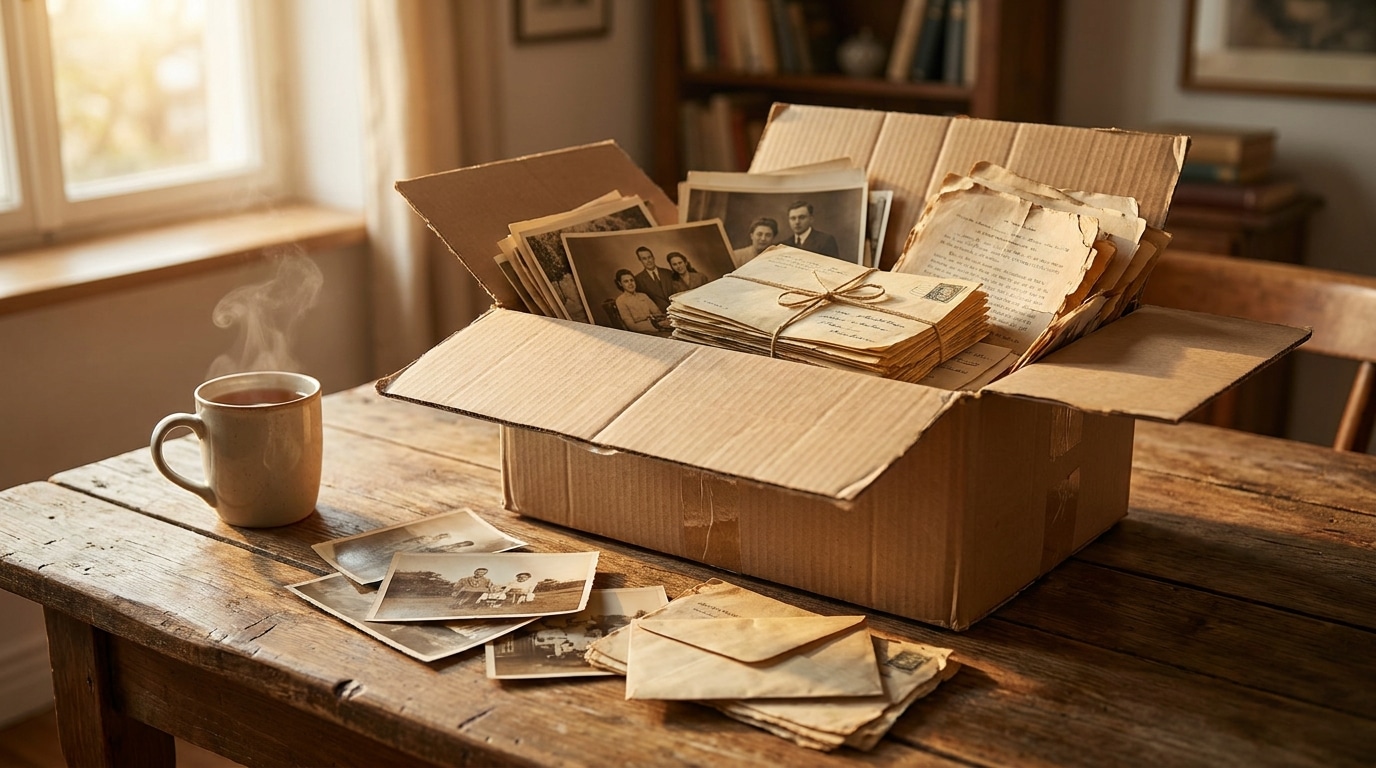 Boîte de vieilles photos et lettres familiales sur une table en bois