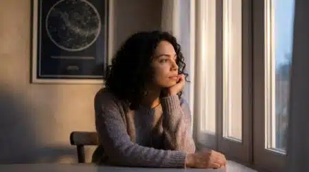 Femme pensive regardant par la fenêtre au crépuscule