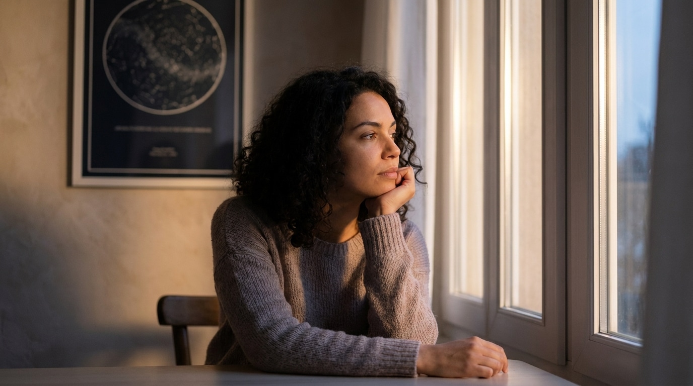 Femme pensive regardant par la fenêtre au crépuscule