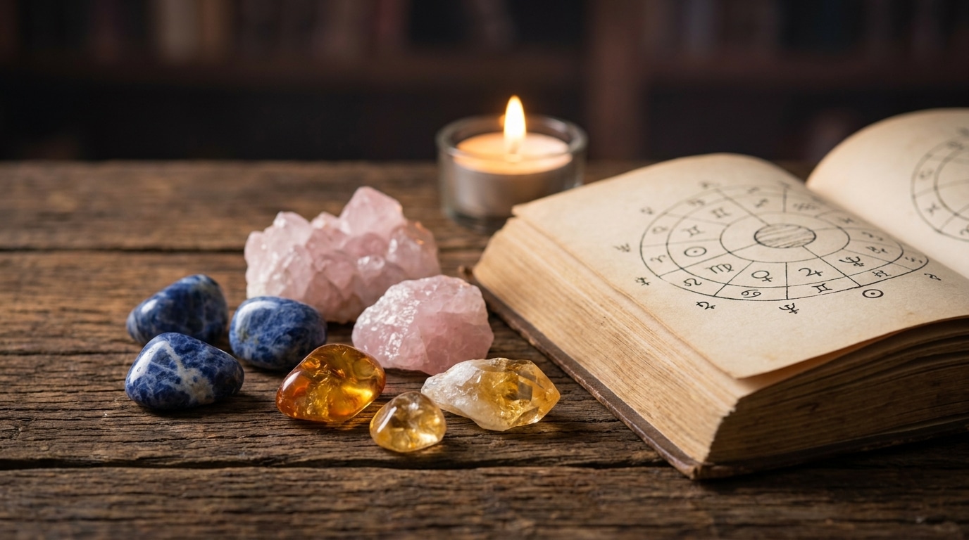 Cristaux de lithothérapie posés près d'un livre d'astrologie