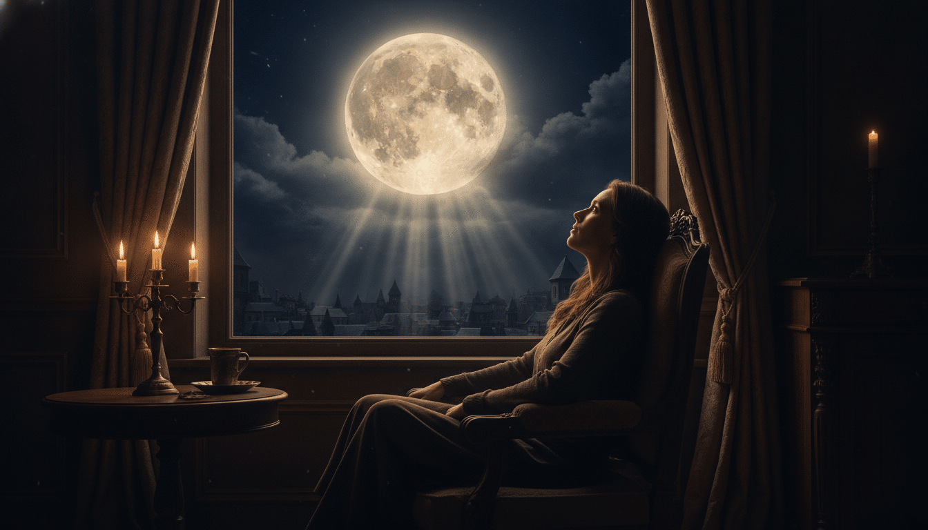 Personne contemplant la pleine lune dans une ambiance mystique