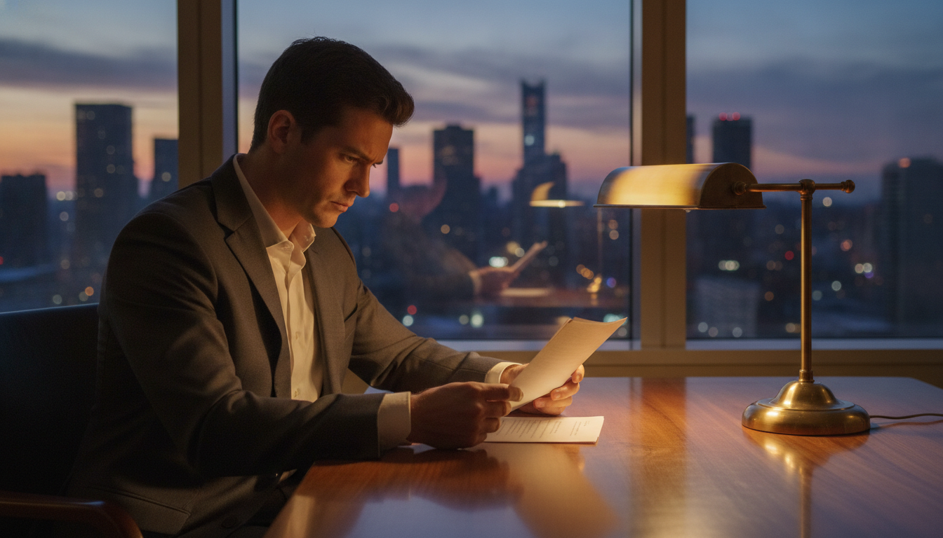 Personne lisant un document professionnel à son bureau