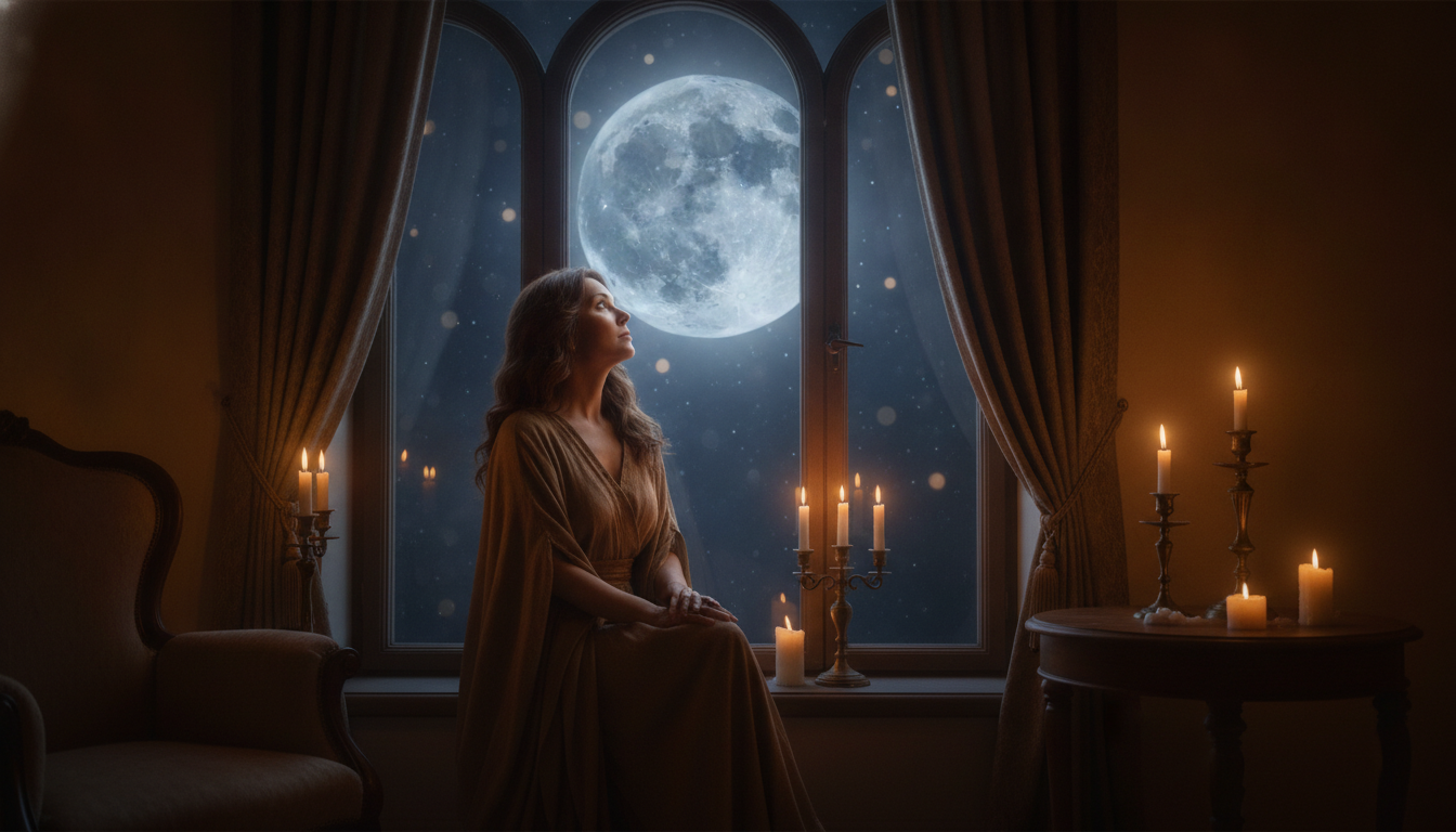 Femme contemplant la pleine lune à la lumière des bougies