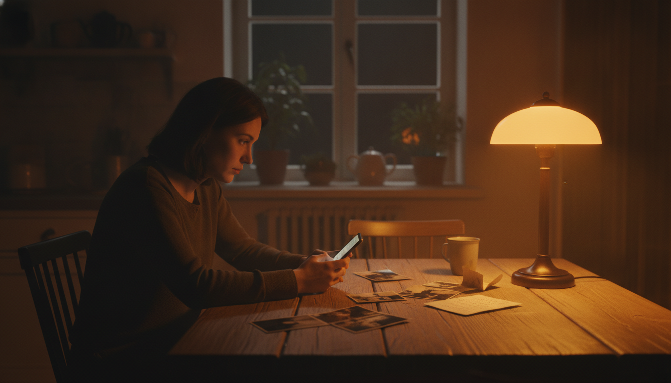 Personne pensive relisant des messages la nuit
