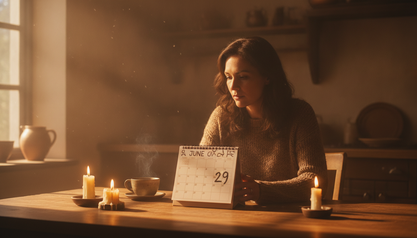 Femme pensive devant un calendrier marqué au 29 juin