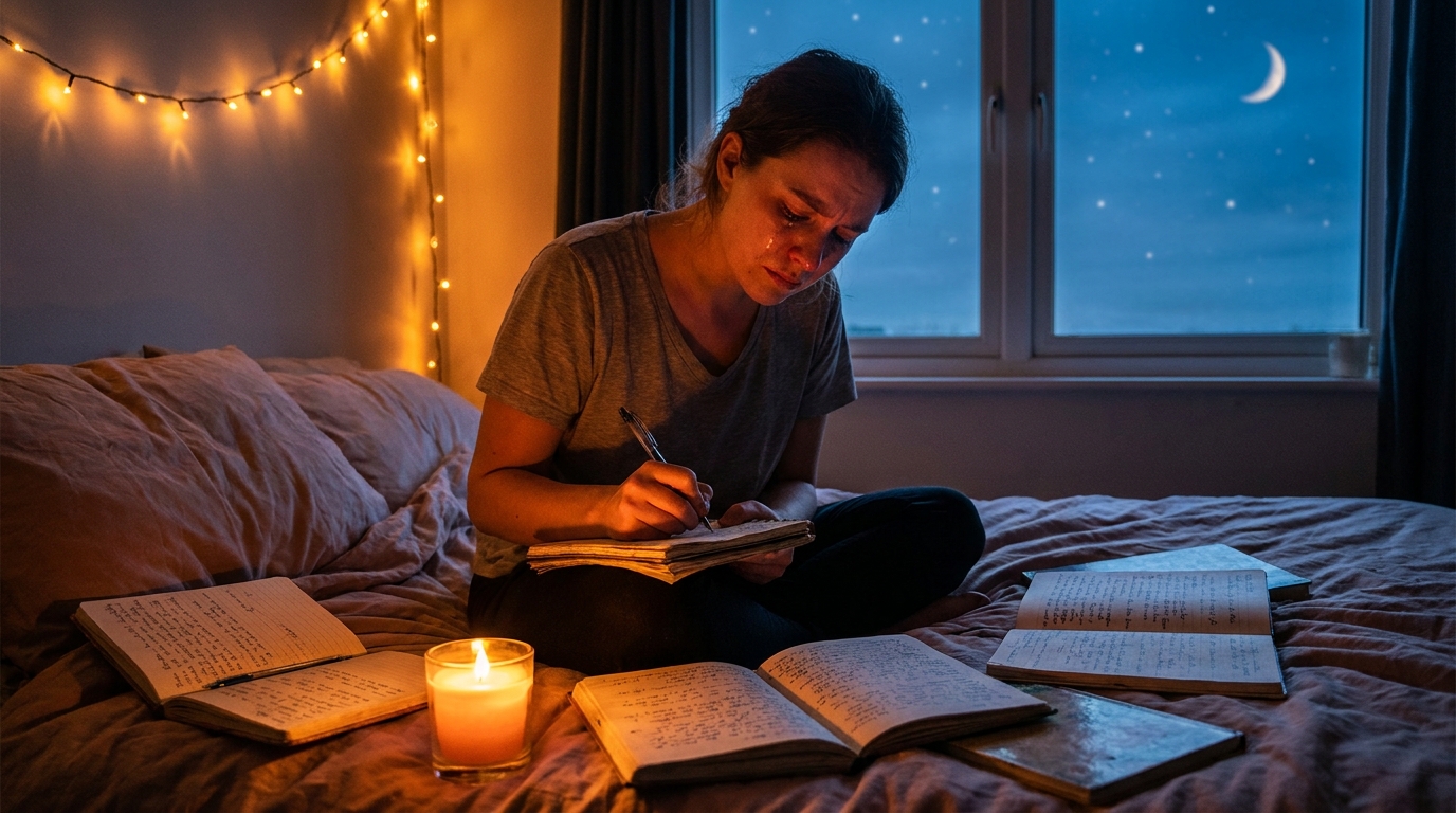 Personne écrivant dans un journal intime à la lueur de bougies