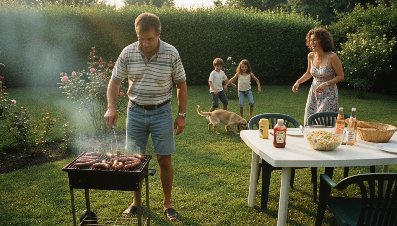 Barbecue familial des années 90 avec merguez et charbon