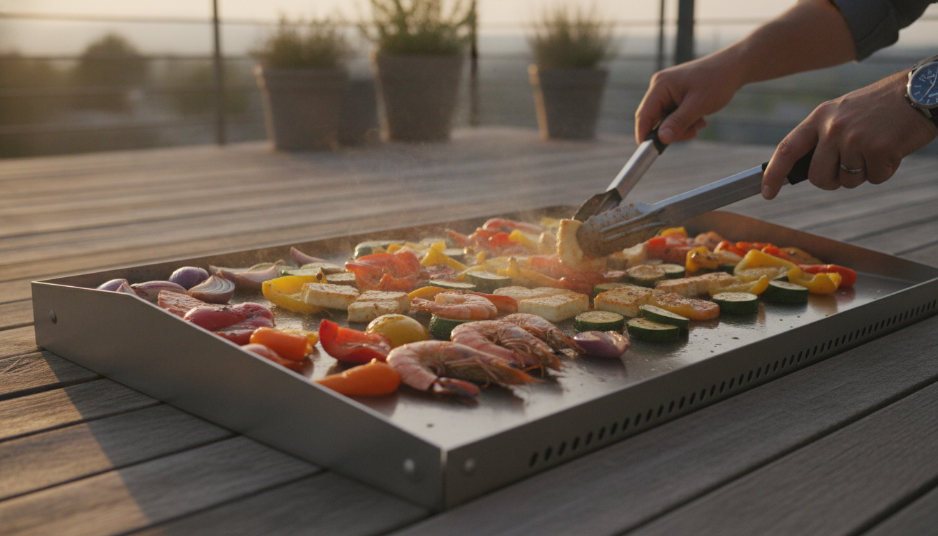 Plancha moderne avec légumes grillés et crevettes