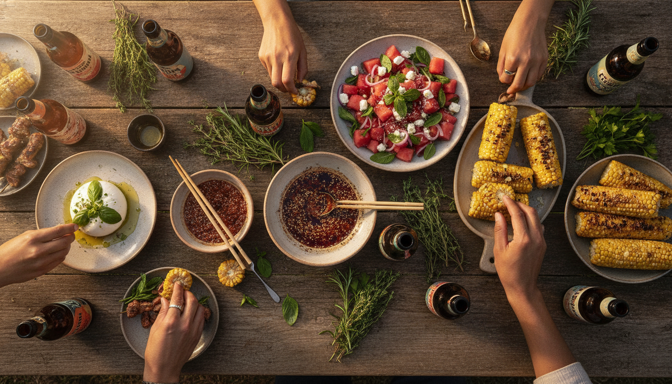 Table de barbecue 2026 avec marinades et salades variées