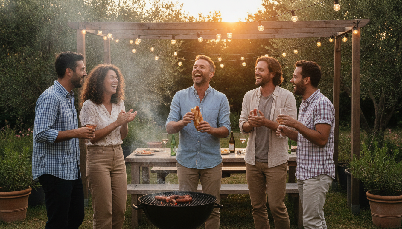 Amis réunis autour d'un barbecue au crépuscule