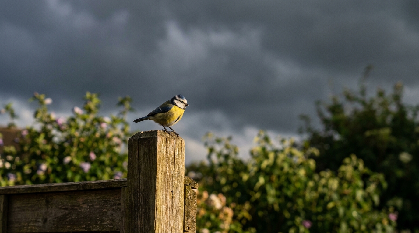 Mésange bleue perchée dans un jardin avant l'orage
