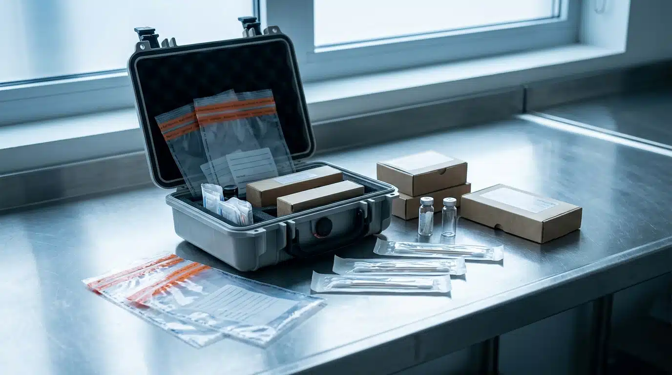 Kit de prélèvement médico-légal sur une table de laboratoire