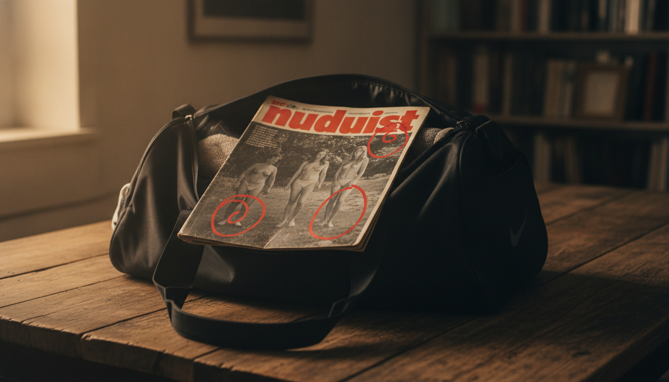 Sac de sport Nike ouvert avec un magazine annoté au marqueur rouge sur une table en bois