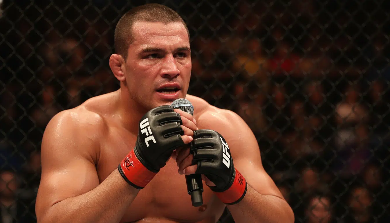 Combattant MMA tenant fermement un micro après son combat